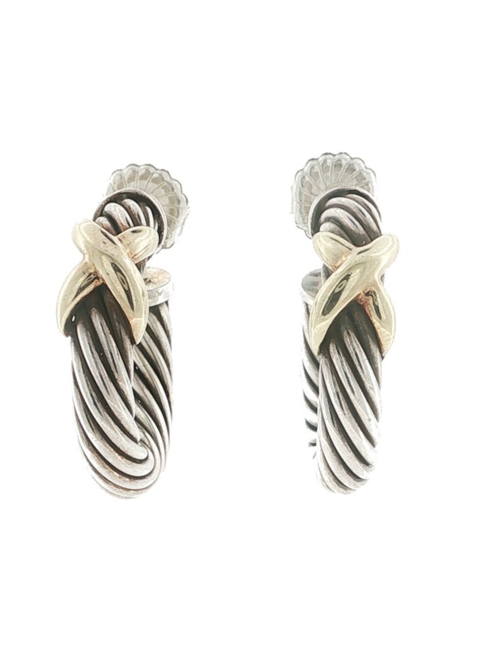 David Yurman 925 Silver and 14K Gold X Cable Hoop Earrrings